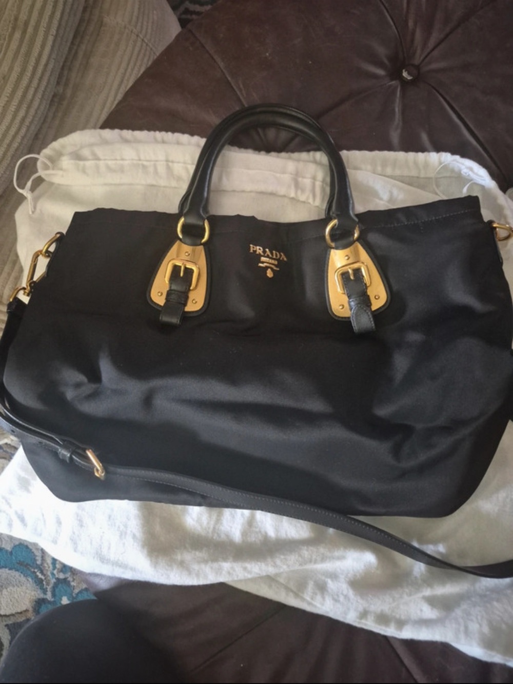 Prada Black Nylon Tote with Gold-Tone Hardware and Top Handles